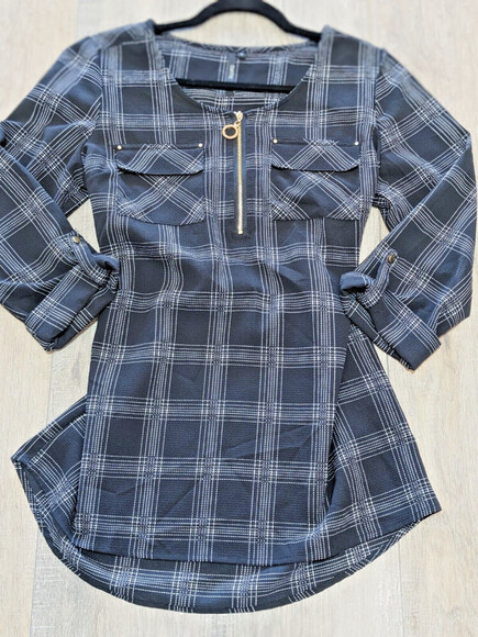 CATHY Top Womens Small Black 3/4 Sleeve Casual Button Down Blouse Pockets - Picture 2 of 9